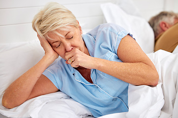 Image showing Couple, coughing or sick old woman in bed with husband or man with flu virus, tuberculosis or health problem. Chest pain, mature lady or senior person with cold, fever or lung illness in home bedroom