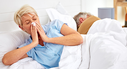 Image showing Blowing nose, couple or sick old woman in bed with husband with flu virus, cold or health problem. Sneeze, mature or senior person with tissue toilet paper, fever or allergy illness in home bedroom