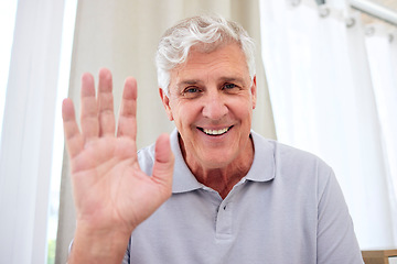 Image showing Portrait, wave and senior man in video call, virtual meeting or online conference at home. Face, hand and hello of happy person in webinar for greeting, welcome to chat and internet communication.