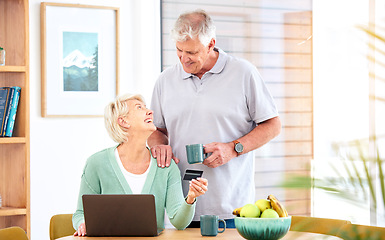 Image showing Ecommerce, senior or happy couple with laptop, credit card or discount code for digital product at home. Coffee, online shopping promo or mature people on fintech website for payment to buy on sale
