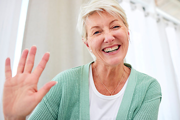Image showing Portrait, senior or happy woman on video call in house or home for conversation or communication. Smile, wave hello or excited mature person speaking or talking on technology or social media network