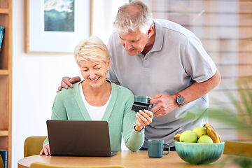 Image showing Ecommerce, mature or happy couple with laptop, credit card or discount code for digital product at home. Coffee, online shopping promo or senior people on fintech website for payment or sale search