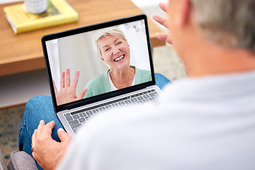 Image showing Laptop, couple or senior man on video call in house or home for conversation or communication. Screen, wave hello or mature person speaking or talking to a happy woman on technology or social media
