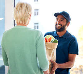 Image showing Courier, food and smile for customer, groceries and fresh produce from online shopping. Happy delivery man, supermarket discount and deal from supply chain, distribution with front door service.