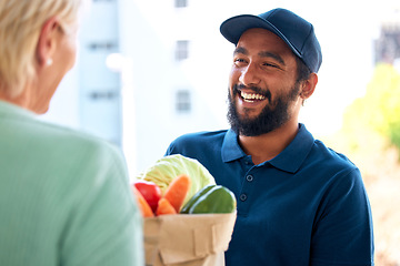 Image showing Delivery man, food and smile for customer, groceries and fresh produce from online shopping. Happy delivery man, supermarket discount and deal from supply chain, distribution with front door service.