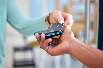 Image showing Machine, hands or payment with credit card by customer at checkout transaction on electronic pos. Shopping closeup, fintech services or client paying to purchase at store for retail sale or discount