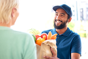 Image showing Delivery man, groceries and smile for customer, food and fresh produce from online shopping. Happy person, supermarket discount and deal from supply chain, distribution with front door service.