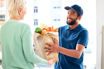 Image showing Delivery man, food and smile for customer, groceries and fresh produce from online shopping. Happy courier, supermarket discount and deal from supply chain, distribution with front door service.