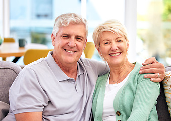 Image showing Senior, portrait or happy couple in home with love on sofa to bond or hug in a marriage commitment together. Smile, face or mature people in retirement with care or support in living room to relax