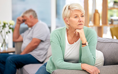 Image showing Mature, couple and thinking after fight in home on sofa with disagreement, issue or problem in relationship. Man, woman and decision in divorce, frustrated and confession of infidelity, cheat or loss