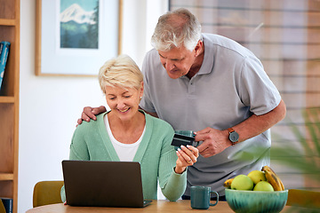 Image showing Online shopping, mature or happy couple with laptop, credit card or discount code for digital product at home. Coffee, ecommerce promo or senior people on fintech website for payment or sale search