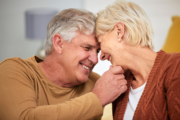 Image showing Forehead, senior or happy couple smile in home for bond, support or trust in a marriage commitment. Retirement, love or face of mature man with a woman, care or romance in a house together to relax