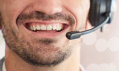 Image showing Microphone, mouth or happy man consultant in call center talking or networking online in a telecom office. Smile, closeup or friendly sales agent in communication or conversation at customer services