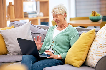 Image showing Laptop, senior or happy woman on video call in house or home for conversation or communication. Smile, wave hello or excited mature person speaking or talking on technology or social media network