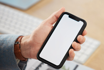 Image showing Screen, hands or businessman with phone or mockup on white background on social media for offer. Discount, closeup or person showing mobile app promo, website or online tech mock up space in office