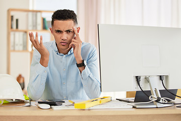 Image showing Stress, confused and portrait of engineer in the office planning repairs, maintenance or building. Headache, burnout and man industry worker working with computer in workplace on construction site.