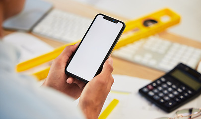 Image showing Engineer, closeup and man with a smartphone, mockup and typing with connection, research and network. Hands, architecture and person with a cellphone, social media and contact with chat and message