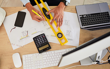 Image showing Architecture, hands and drawing on desk with design, top of workspace with engineering and tech. Architect person with illustration, floor plan paperwork for construction project and productivity
