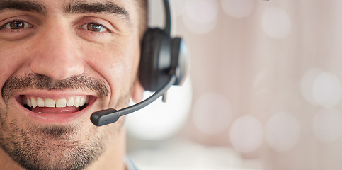 Image showing Portrait, mockup or happy man consultant in call center talking or networking online in a telecom office. Smile, bokeh or face of sales agent in communication or conversation at customer services