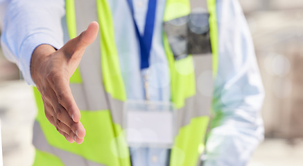 Image showing Engineering, shaking hands and offer for partnership, industrial meeting and agreement at construction site. Architecture, contractor and person POV handshake with thank you, hiring or property deal