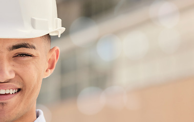 Image showing Happy, man and half of construction worker face with inspection of building, site or development mock up. Industrial, manager and portrait of contractor or builder with happiness at warehouse or work