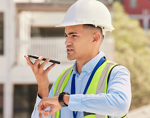 Image showing Engineering, man and phone call for project management, outdoor architecture and thinking of schedule or time. Construction worker or industrial manager on mobile voice chat, watch and communication