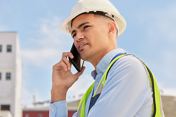 Image showing Engineer on construction site, phone call and negotiation for building schedule, inspection and maintenance. Architecture, communication and businessman with cellphone for chat on project development