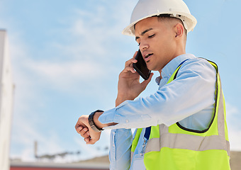 Image showing Engineer on construction site, phone call and checking time for building schedule, inspection and maintenance. Architecture, communication and business man with cellphone looking at watch on site.