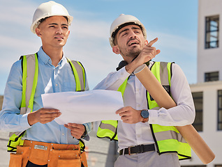 Image showing Industry, blueprint and team of construction workers in the city planning maintenance or repairs on rooftop. Engineering, discussion and men industrial employees in collaboration working on building.