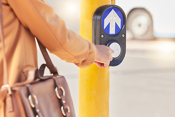 Image showing Press, commute and person cross road at traffic light for travel in street with outdoor pedestrian button on the road. Signal, sign and hand of female on symbol of crosswalk by robot in New York