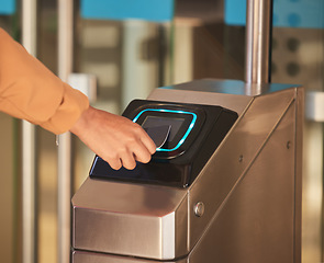 Image showing Access control, hand and card for security with safety software for identification to a building. Scanner, lock and secure door with scan of key to open gate to property with technology of exit