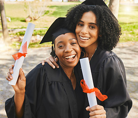 Image showing Outdoor, portrait and women with graduation, achievement and knowledge with future, college and celebration. People, students and friends with education, university and degree with success or diploma