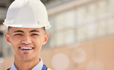 Image showing Happy, man and portrait of construction inspection of building, site or industrial development with safety. Industry, worker and face of contractor and builder with happiness at warehouse or work