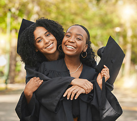 Image showing Graduate portrait, hug and friends happy for learning success, education goals or university graduation, progress or achievement. College women, school nature park and students embrace for milestone