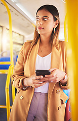 Image showing Business, woman and thinking with phone in bus for communication, technology and career opportunity. Smartphone, person and ideas for internet post, networking and conversation on public transport