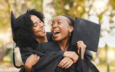 Image showing Celebration, graduation and women outdoor, hug and happiness with achievement, degree and university. People, students and friends embrace, education and outside with excellence, diploma and support