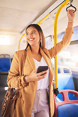 Image showing Business, woman and thinking with smartphone in bus for communication, technology and social media with happiness. Phone, person or smile for internet, networking and conversation on public transport