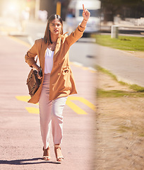 Image showing Woman, walking and wave to taxi in city for bus, cab or commute transportation and travel in cbd for business. Person, hand and sign to call attention of taxicab driver, service or passenger in town