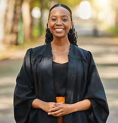 Image showing Portrait, graduate and happy black woman at university at campus outdoor. Face, graduation and smile of confident African student at college for education achievement, learning and success in Nigeria