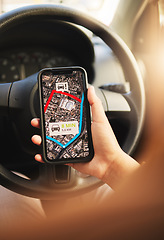 Image showing Phone, map and hands of person in a car for location, search or navigation closeup. Smartphone, travel and driver check app for online traffic notification, direction or road trip route in a vehicle