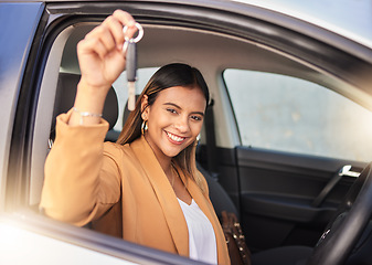 Image showing Happy woman, drive and portrait with new car, keys and freedom of transportation and travel on road. Auto, dealership and person driving with happiness in rental cars and purchase of vehicle