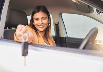 Image showing Car, keys and portrait of happy woman and drive with freedom of transportation or travel on road. Auto, dealership and person driving with happiness in rental cars or owner purchase a vehicle