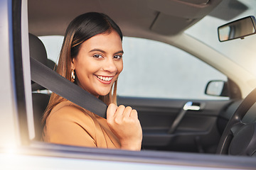 Image showing Car, portrait and happy woman with seatbelt check for road trip, travel or journey. Window, face and lady driver with vehicle safety belt for driving, protection or test drive, compliance or security