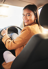 Image showing Portrait, driver and business woman in car to travel, journey or rent transportation in city. Happy, driving and person in motor vehicle, automobile or road trip to commute to work in the morning