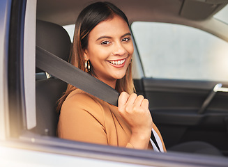Image showing Happy woman, car and portrait with seatbelt check for road trip, travel or journey. Window, face and lady driver with vehicle safety belt for driving, protection or test drive, compliance or security