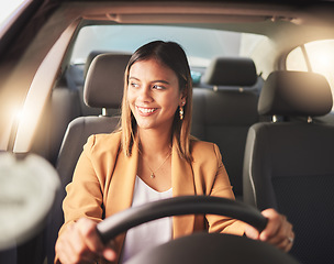 Image showing Smile, driving and business woman in car to travel, journey or thinking of transportation in city. Happy, driver and person in motor vehicle, automobile or road trip to commute to work in the morning