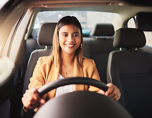 Image showing Happy, driving and business woman in car to travel, journey and rent transportation. Smile, driver and person in motor vehicle, automobile and road trip to commute to work in the morning in transport