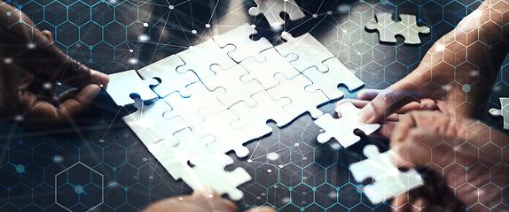 Image showing Collaboration, business and hands with puzzle in overlay at workshop, hexagon grid and corporate connectivity. Digital hologram, teamwork and cooperation with networking, ideas and problem solving.