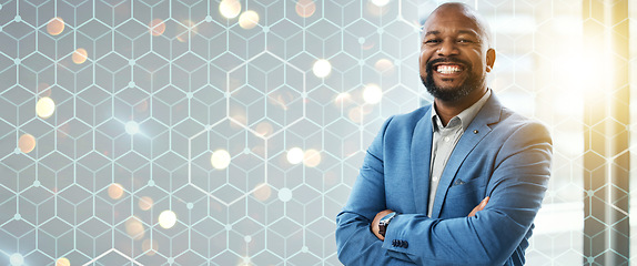 Image showing Portrait, business and black man with a banner, arms crossed and startup with lens flare, career and success. Face, African person and employee with overlay, work and corporate professional with grid