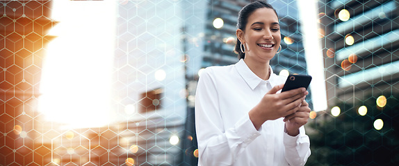 Image showing Overlay, city and woman with a smartphone, business and connection with social media, post and typing. Happy person outdoor, employee or worker with a cellphone, digital app or banner with lens flare